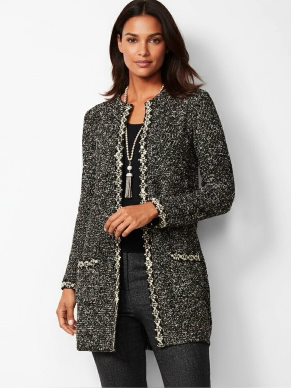 Talbots Black & White Shimmering Boucle Topper Cardigan M NWT